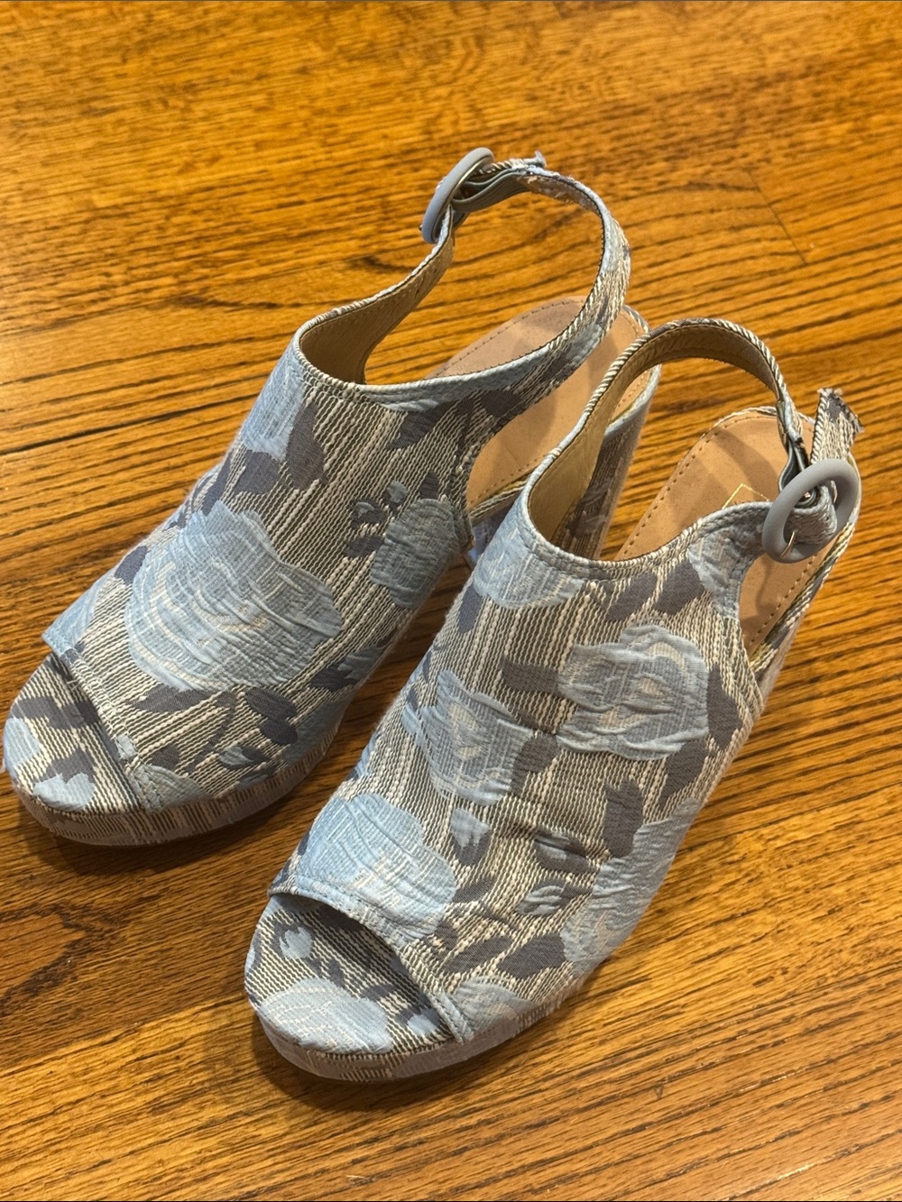 Yoki Platform Women's Blue Floral Slingback Peep-Toe Wedge Block Heel Sandals